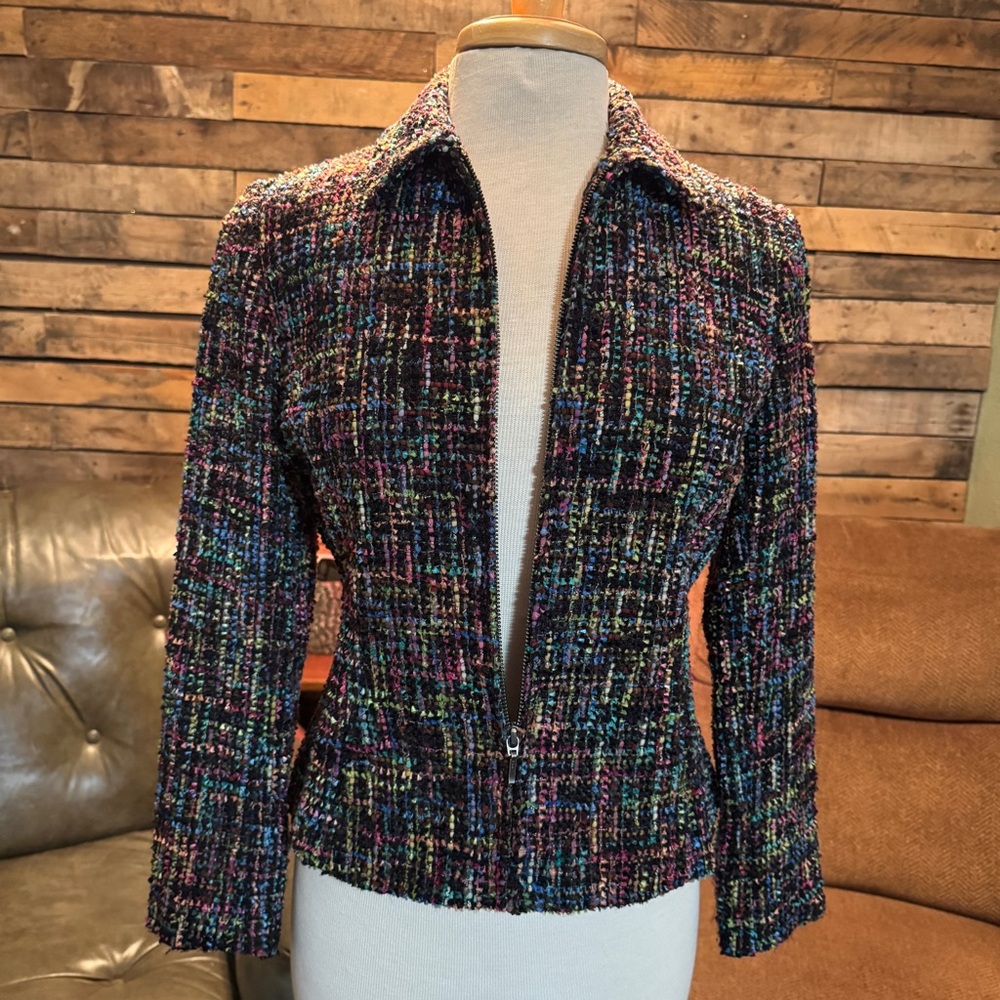 Coldwater Creek Jacket 8 Petite Tweed Zip Up Blk Multicolor Cropped Wool Blend